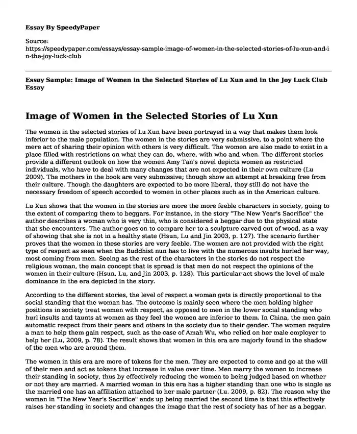 Essay Sample: Image of Women in the Selected Stories of Lu Xun and in the Joy Luck Club