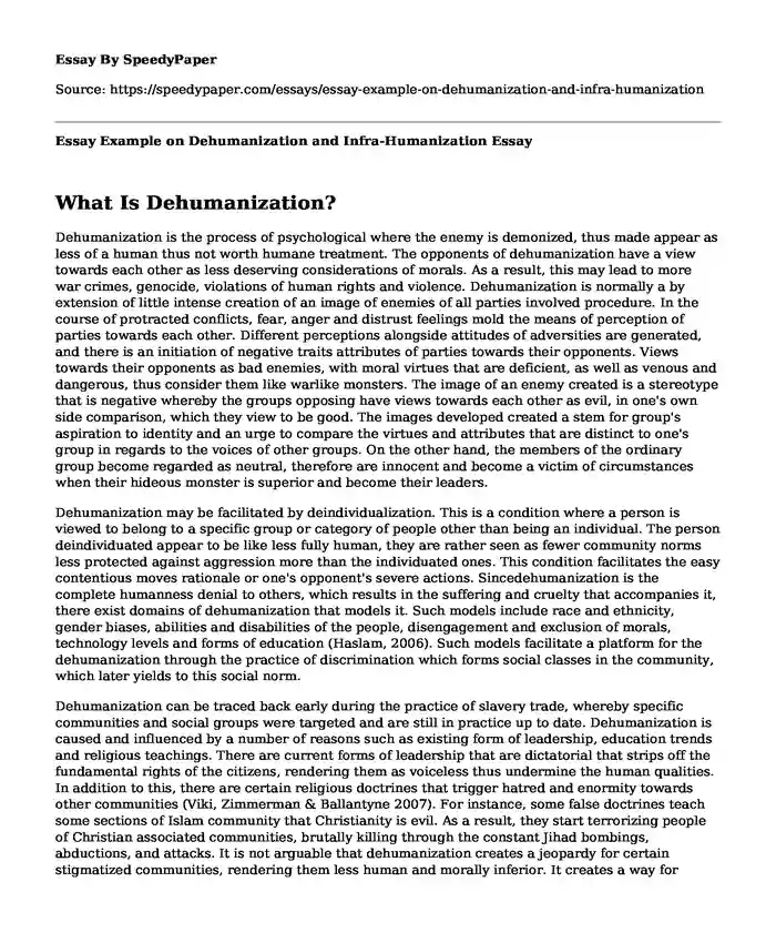 Essay Example on Dehumanization and Infra-Humanization