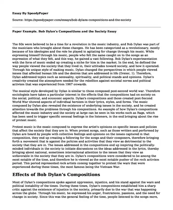 Paper Example. Bob Dylan's Compositions and the Society