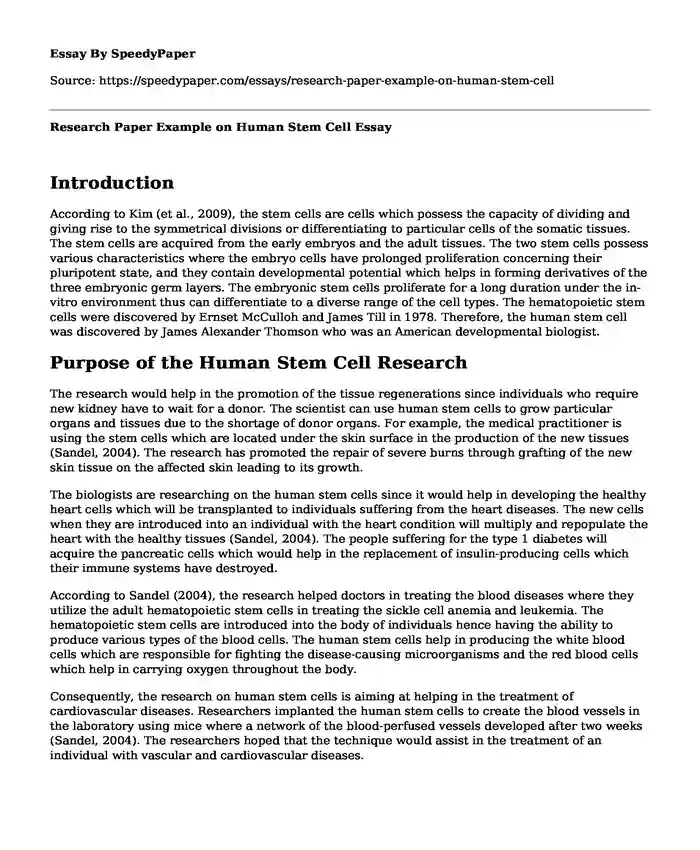 Research Paper Example on Human Stem Cell