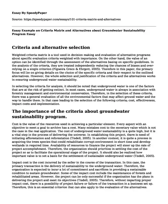Essay Example on Criteria Matrix and Alternatives about Groundwater Sustainability Program