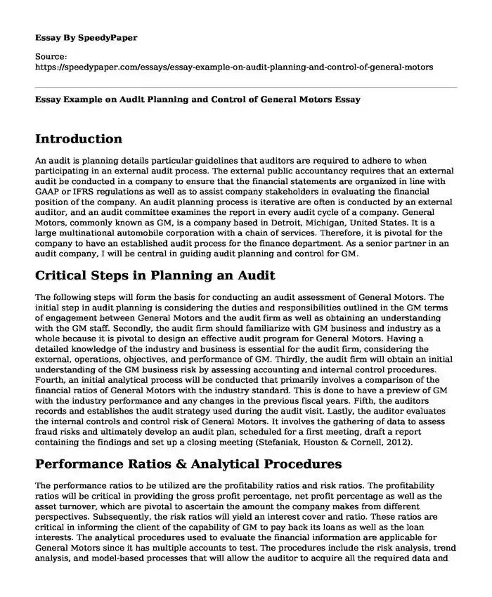 Essay Example on Audit Planning and Control of General Motors