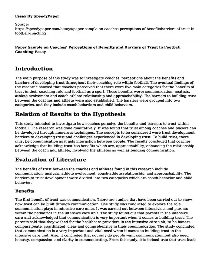 Paper Sample on Coaches' Perceptions of Benefits and Barriers of Trust in Football Coaching