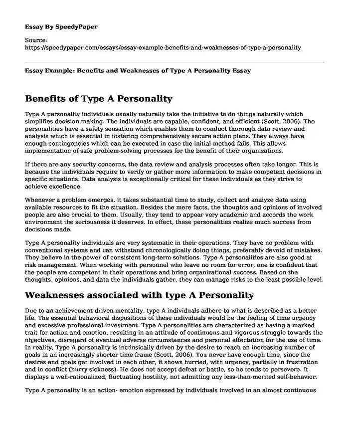 Essay Example: Benefits and Weaknesses of Type A Personality