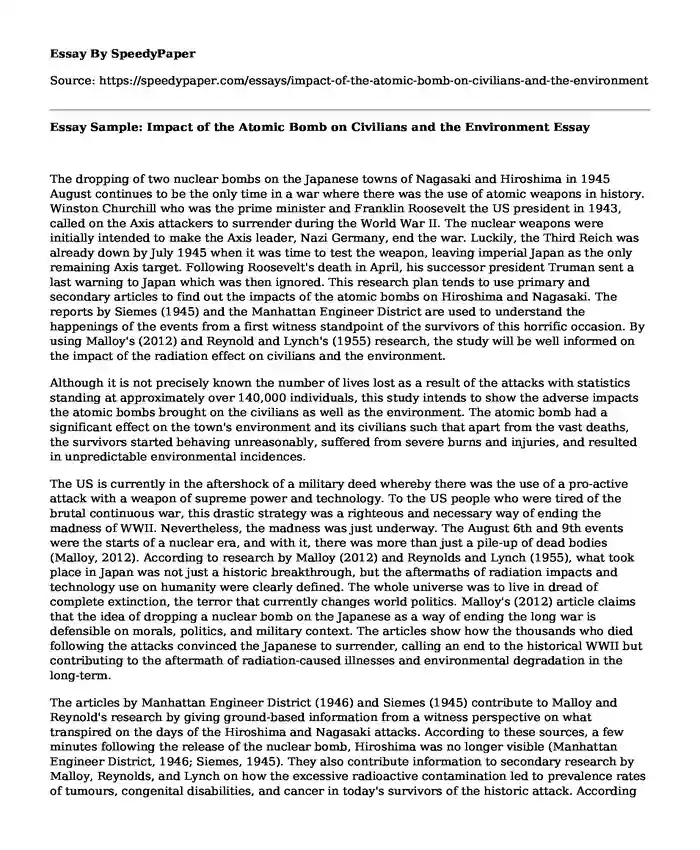 Essay Sample: Impact of the Atomic Bomb on Civilians and the Environment