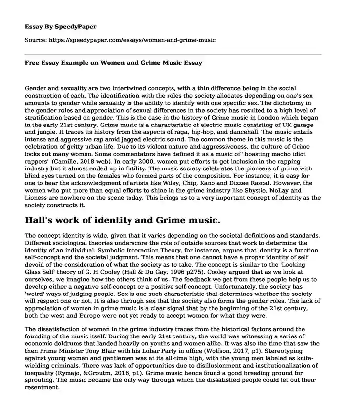 Free Essay Example on Women and Grime Music