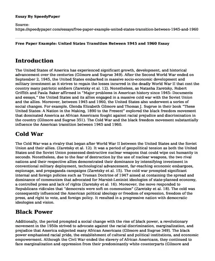 Free Paper Example: United States Transition Between 1945 and 1960