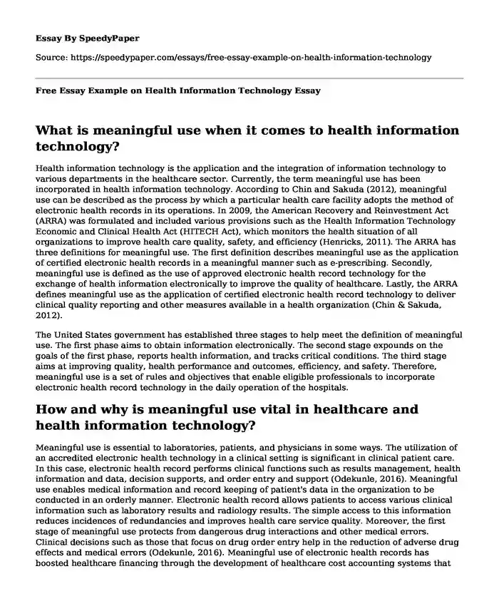 Free Essay Example on Health Information Technology