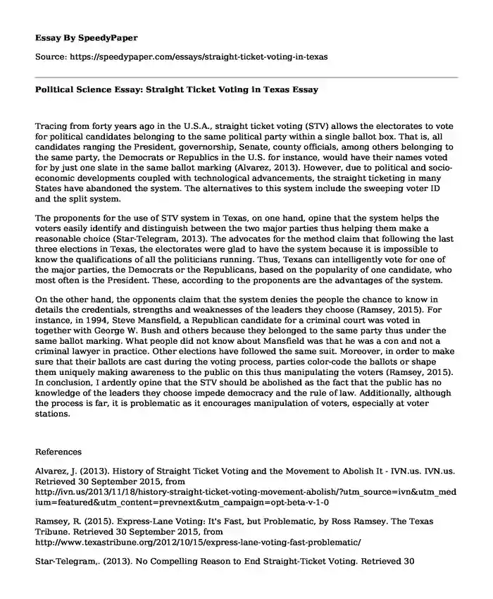 Political Science Essay: Straight Ticket Voting in Texas