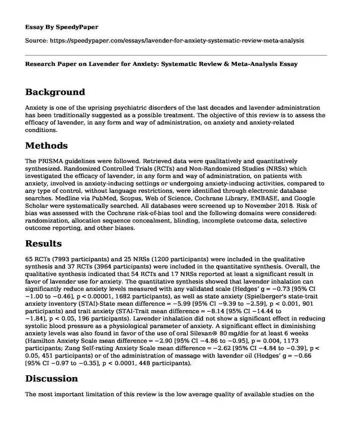 Research Paper on Lavender for Anxiety: Systematic Review & Meta-Analysis