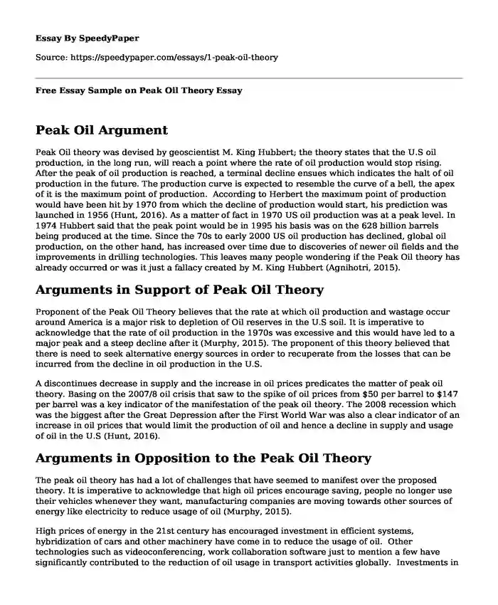 Free Essay Sample on Peak Oil Theory