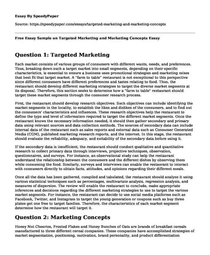 Free Essay Sample on Targeted Marketing and Marketing Concepts