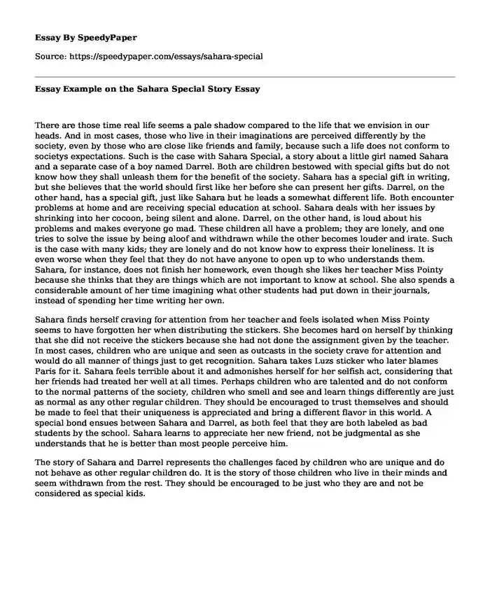 Essay Example on the Sahara Special Story