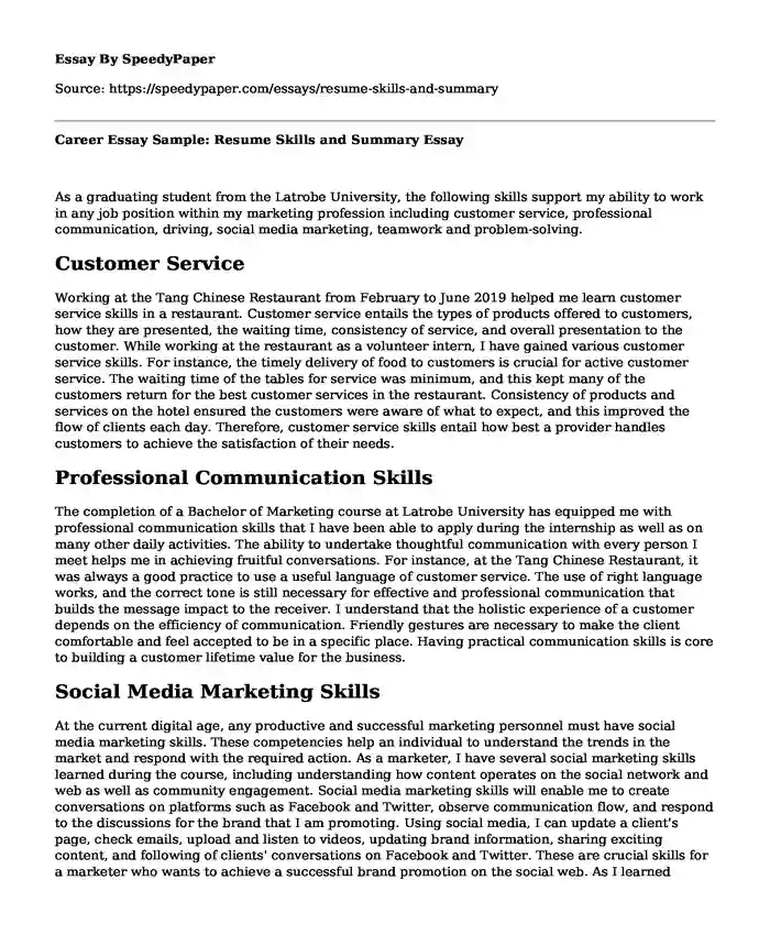 Career Essay Sample: Resume Skills and Summary
