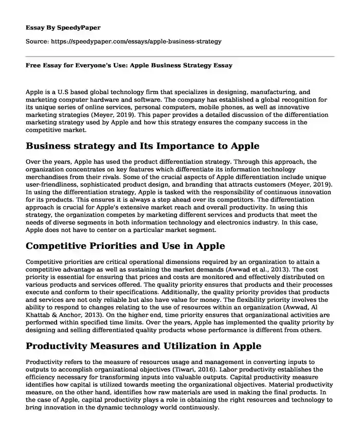 Free Essay for Everyone's Use: Apple Business Strategy