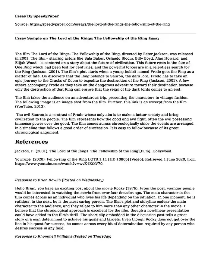 Essay Sample on The Lord of the Rings: The Fellowship of the Ring