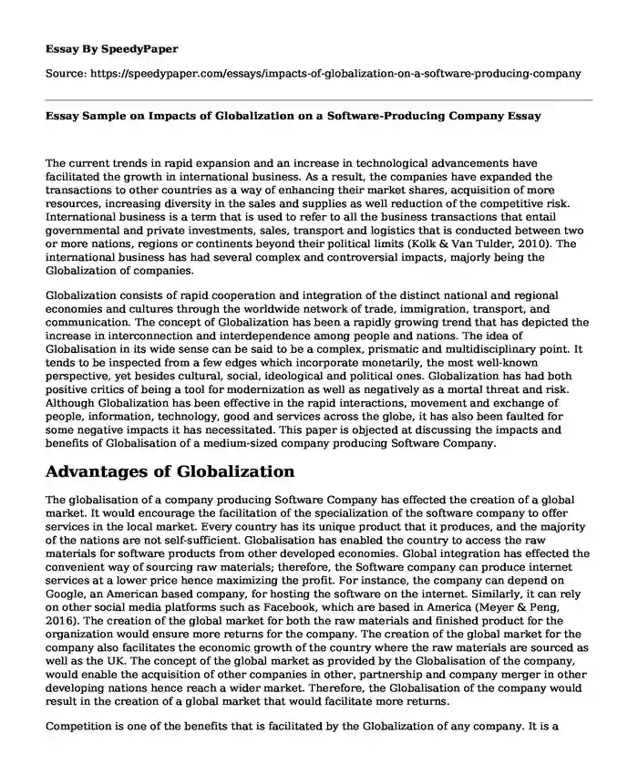 Essay Sample on Impacts of Globalization on a Software-Producing Company