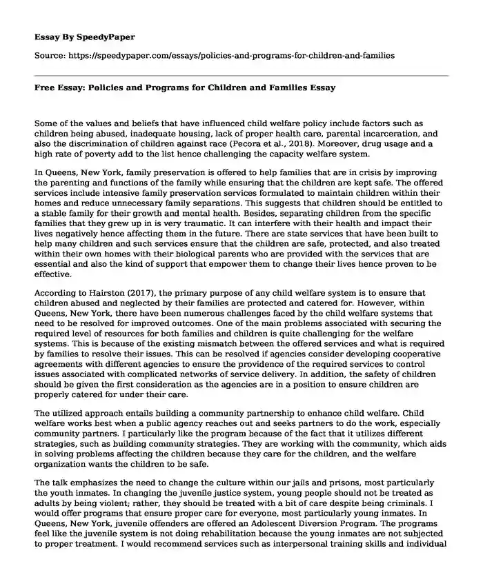 Free Essay: Policies and Programs for Children and Families