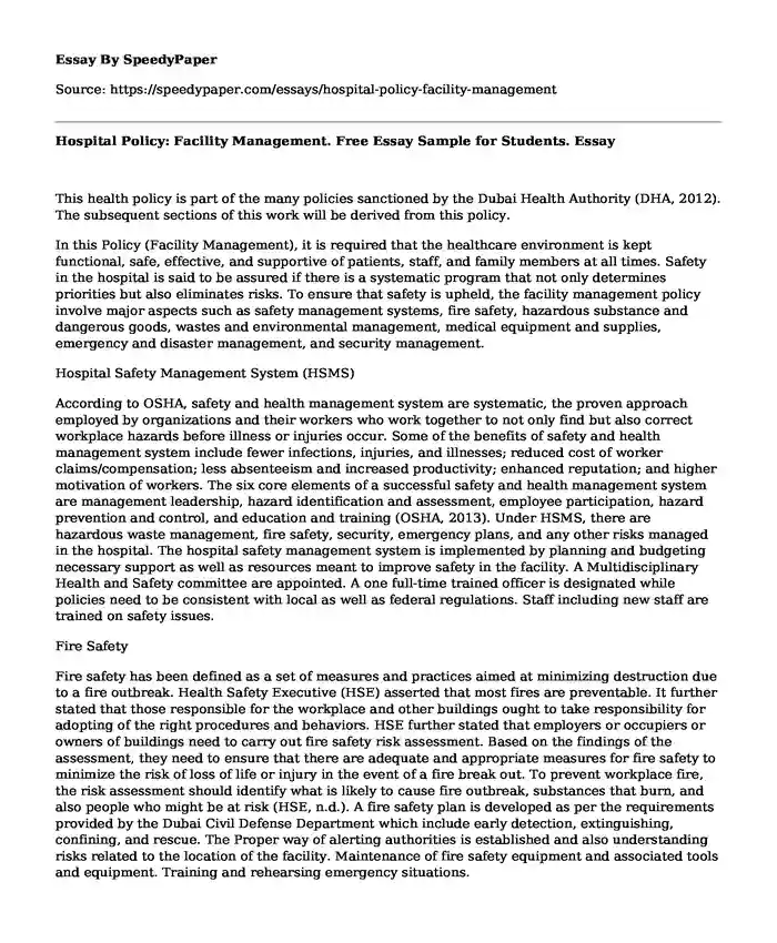 Hospital Policy: Facility Management. Free Essay Sample for Students.