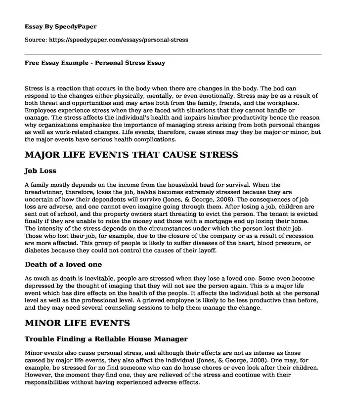 Free Essay Example - Personal Stress