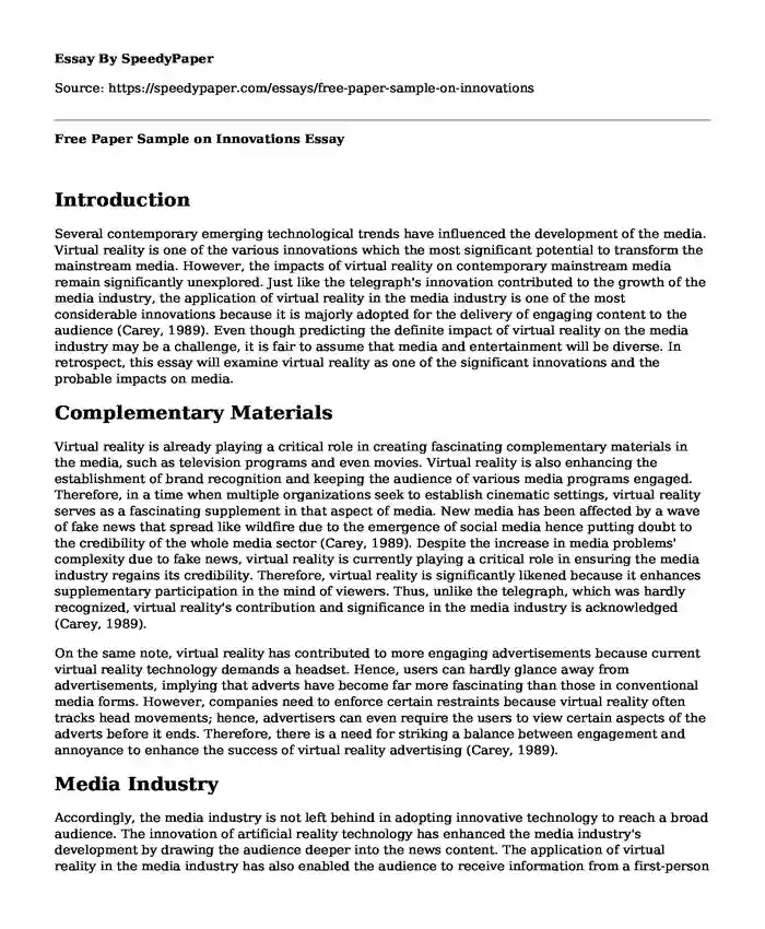 Free Paper Sample on Innovations