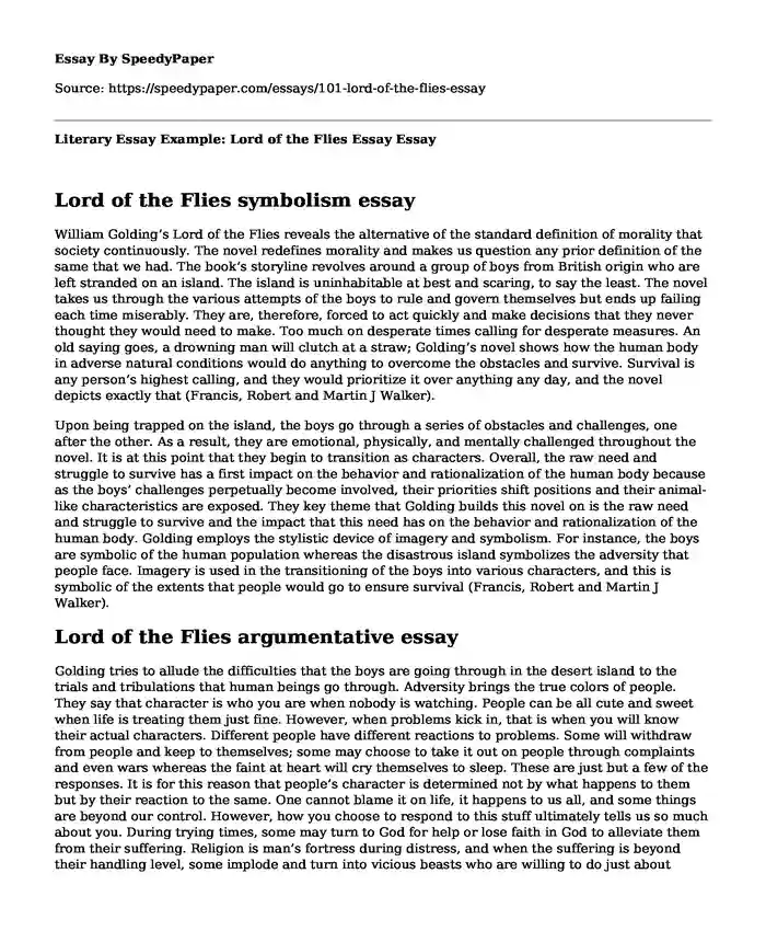 Literary Essay Example: Lord of the Flies Essay