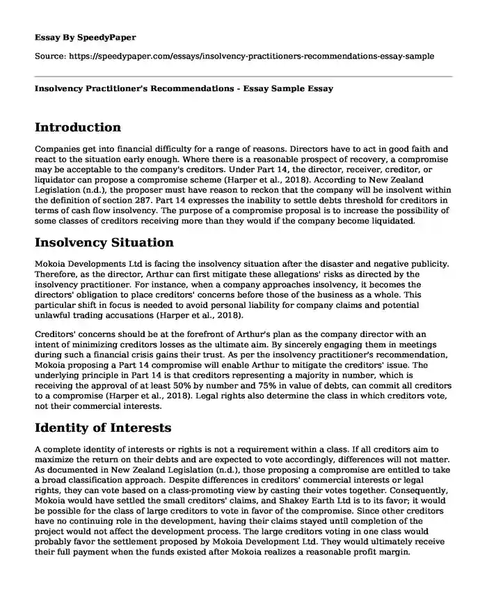 Insolvency Practitioner's Recommendations - Essay Sample