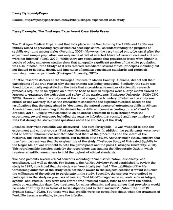 Essay Example. The Tuskegee Experiment Case Study
