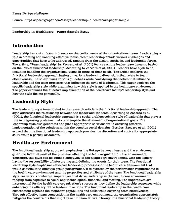 Leadership in Healthcare - Paper Sample