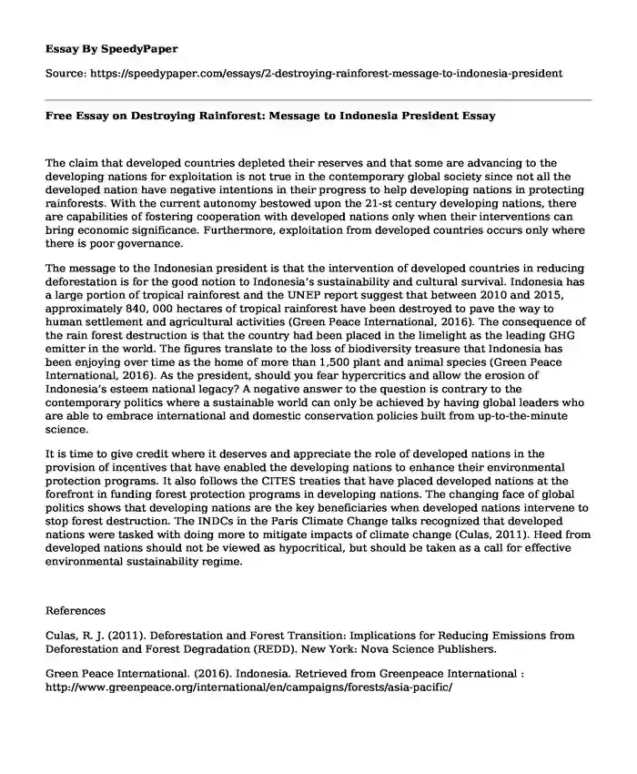 Free Essay on Destroying Rainforest: Message to Indonesia President