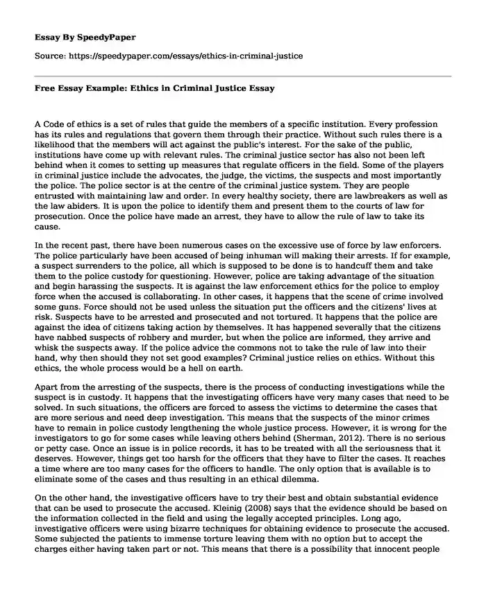 Free Essay Example: Ethics in Criminal Justice
