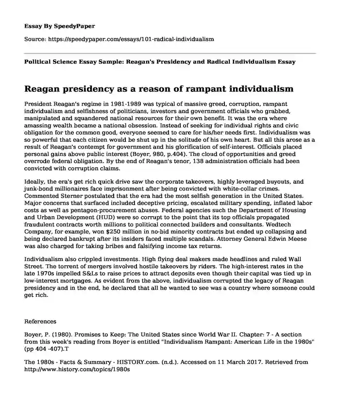 Political Science Essay Sample: Reagan's Presidency and Radical Individualism