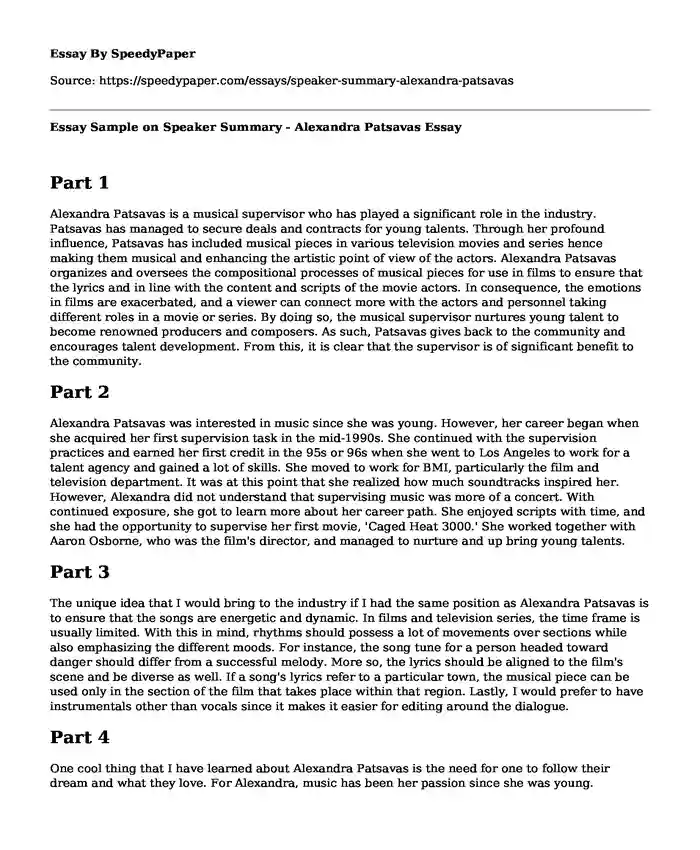 Essay Sample on Speaker Summary - Alexandra Patsavas