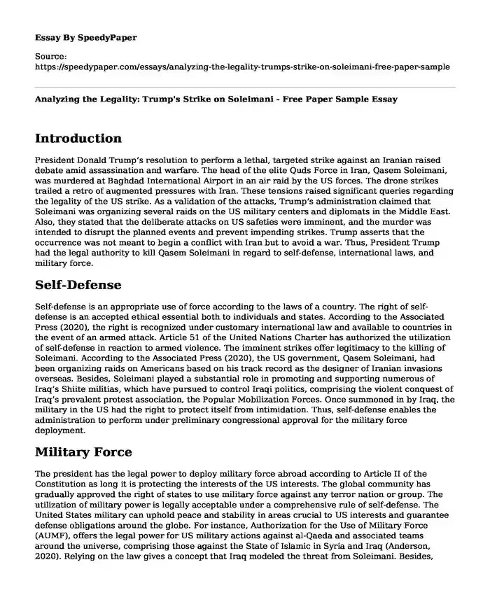 Analyzing the Legality: Trump's Strike on Soleimani - Free Paper Sample