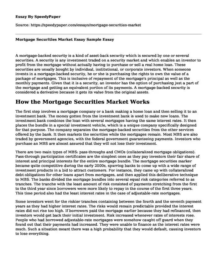 Mortgage Securities Market Essay Sample