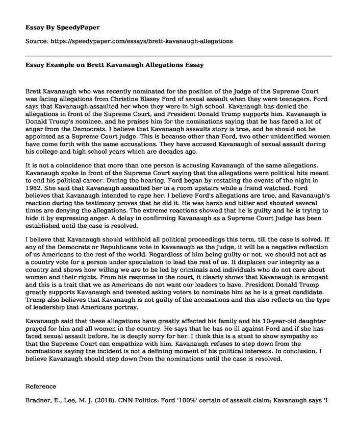 Essay Example on Brett Kavanaugh Allegations