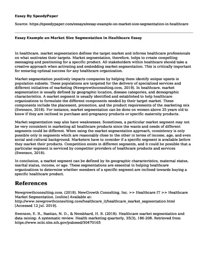 Essay Example on Market Size Segmentation in Healthcare