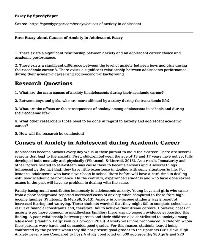 Free Essay about Causes of Anxiety in Adolescent