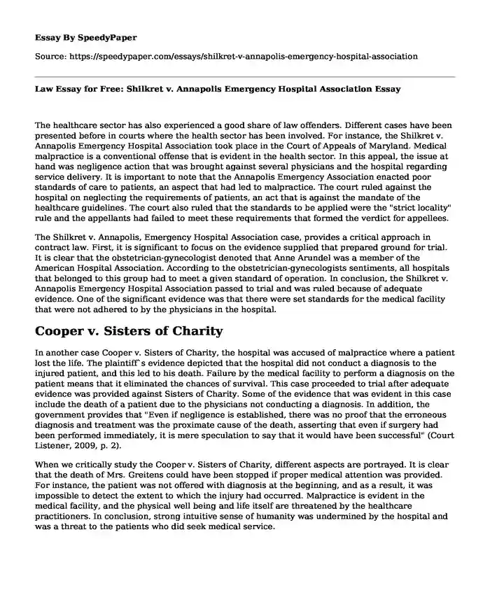 Law Essay for Free: Shilkret v. Annapolis Emergency Hospital Association