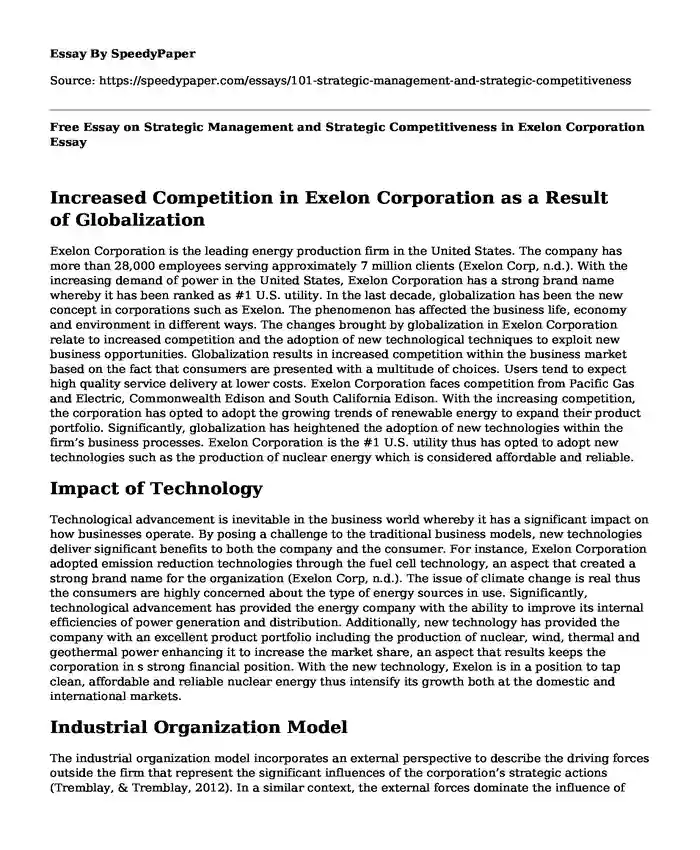 Free Essay on Strategic Management and Strategic Competitiveness in Exelon Corporation