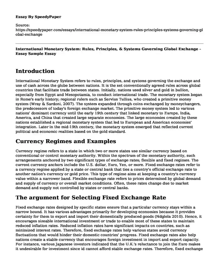 International Monetary System: Rules, Principles, & Systems Governing Global Exchange - Essay Sample