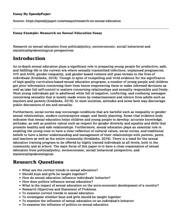 Essay Example: Research on Sexual Education
