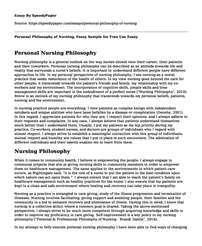 Personal Philosophy of Nursing, Essay Sample for Free Use