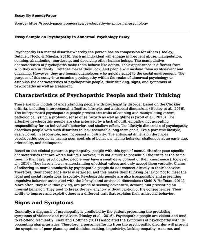 Essay Sample on Psychopathy in Abnormal Psychology