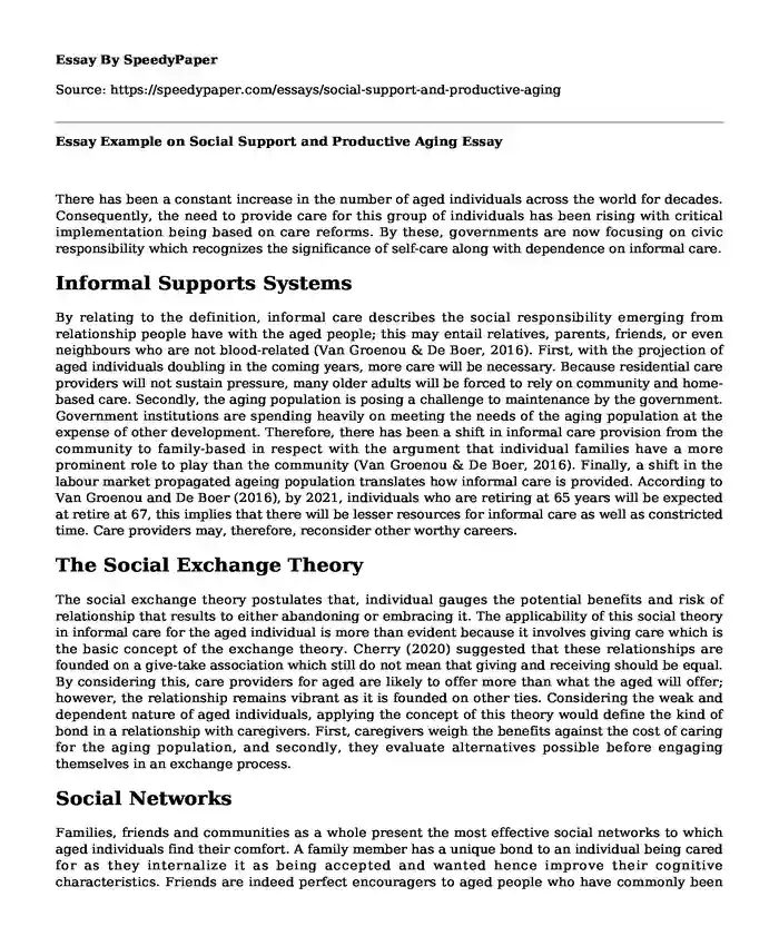 Essay Example on Social Support and Productive Aging