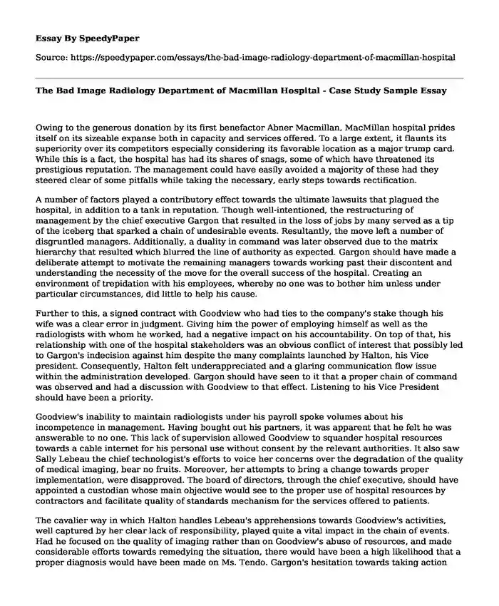 The Bad Image Radiology Department of Macmillan Hospital - Case Study Sample