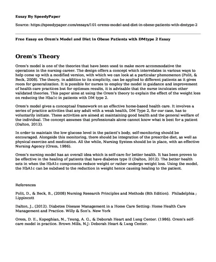 Free Essay on Orem's Model and Diet in Obese Patients with DMtype 2