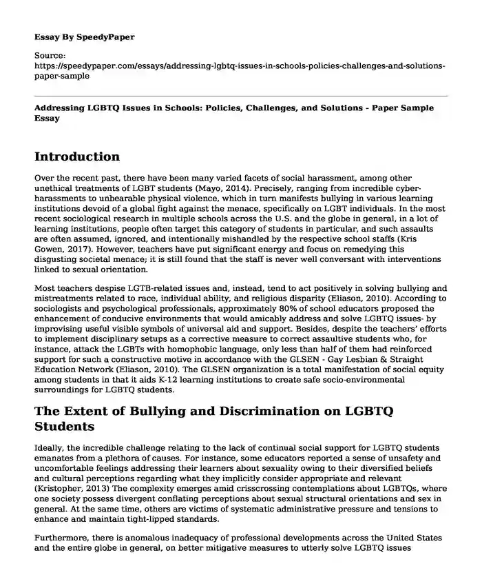 Addressing LGBTQ Issues in Schools: Policies, Challenges, and Solutions - Paper Sample