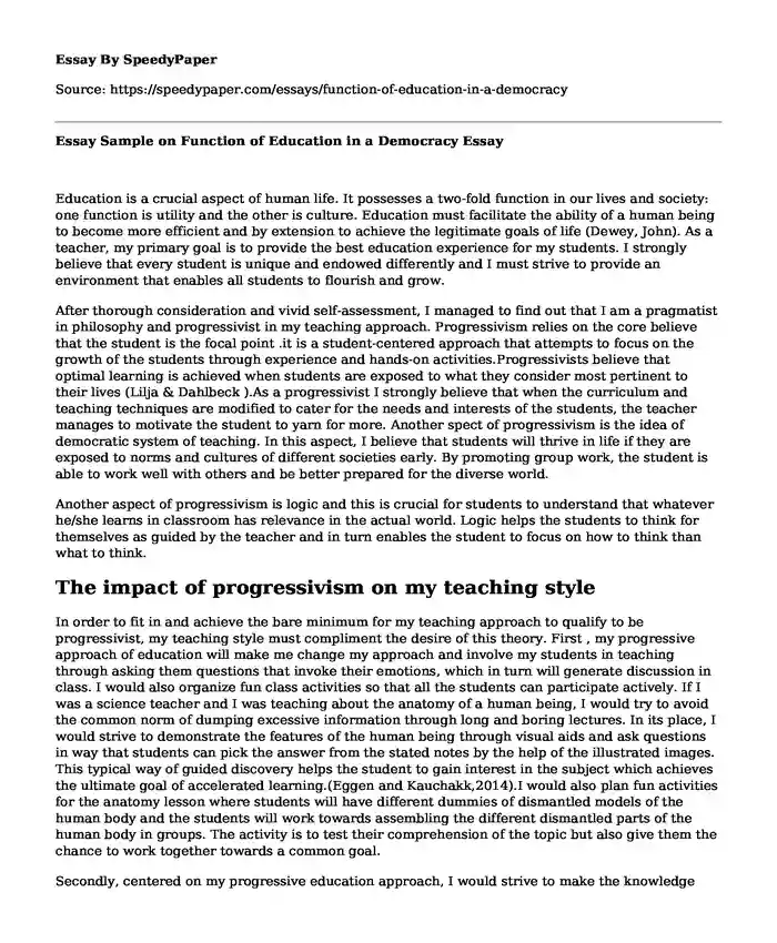 Essay Sample on Function of Education in a Democracy