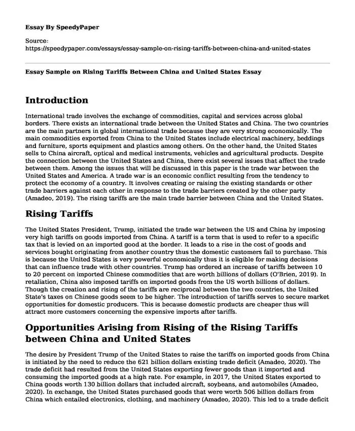 Essay Sample on Rising Tariffs Between China and United States